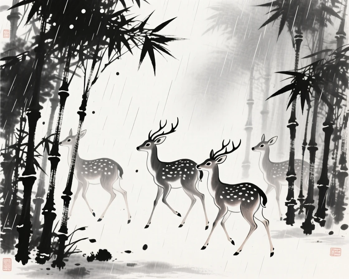 A group of deer moves cautiously through a bamboo thicket, as a light rain begins to fall.