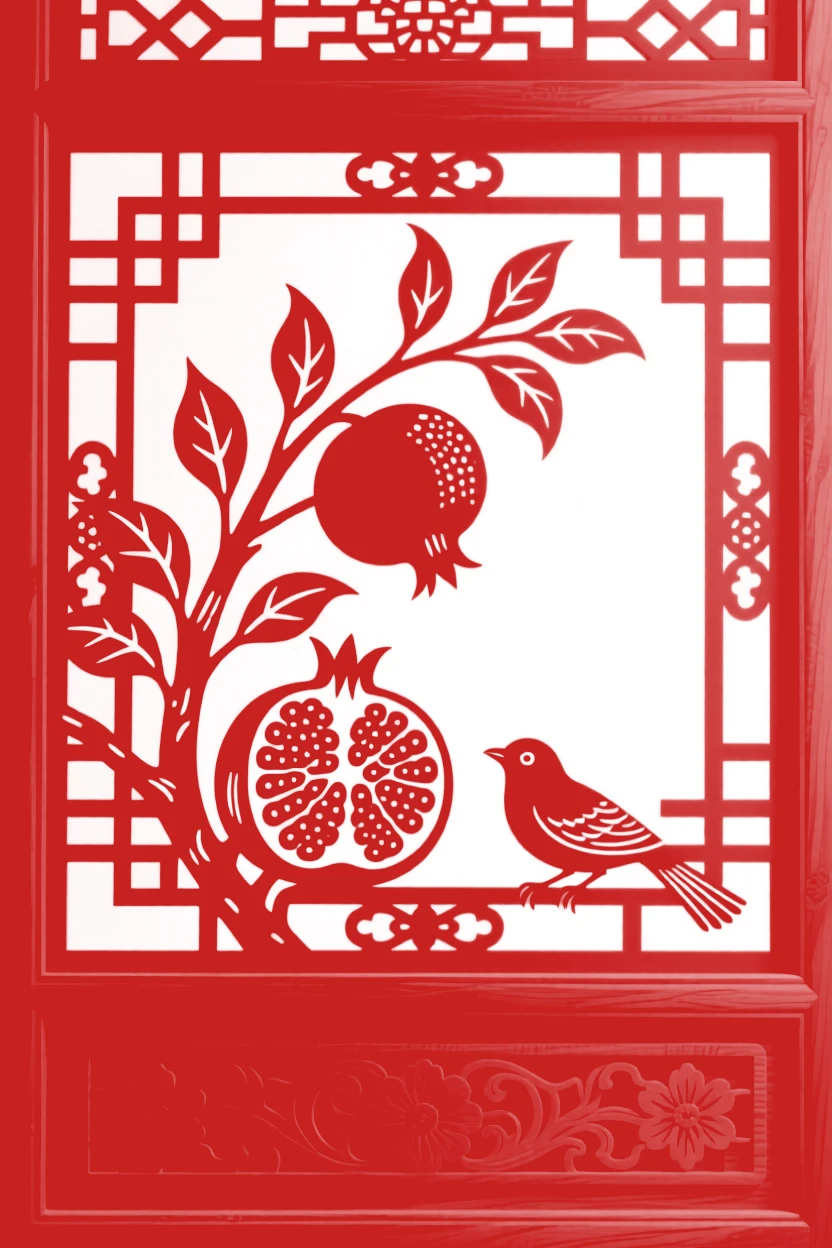 A pomegranate branch resting on a carved wooden windowsill, with a small bird perched nearby.