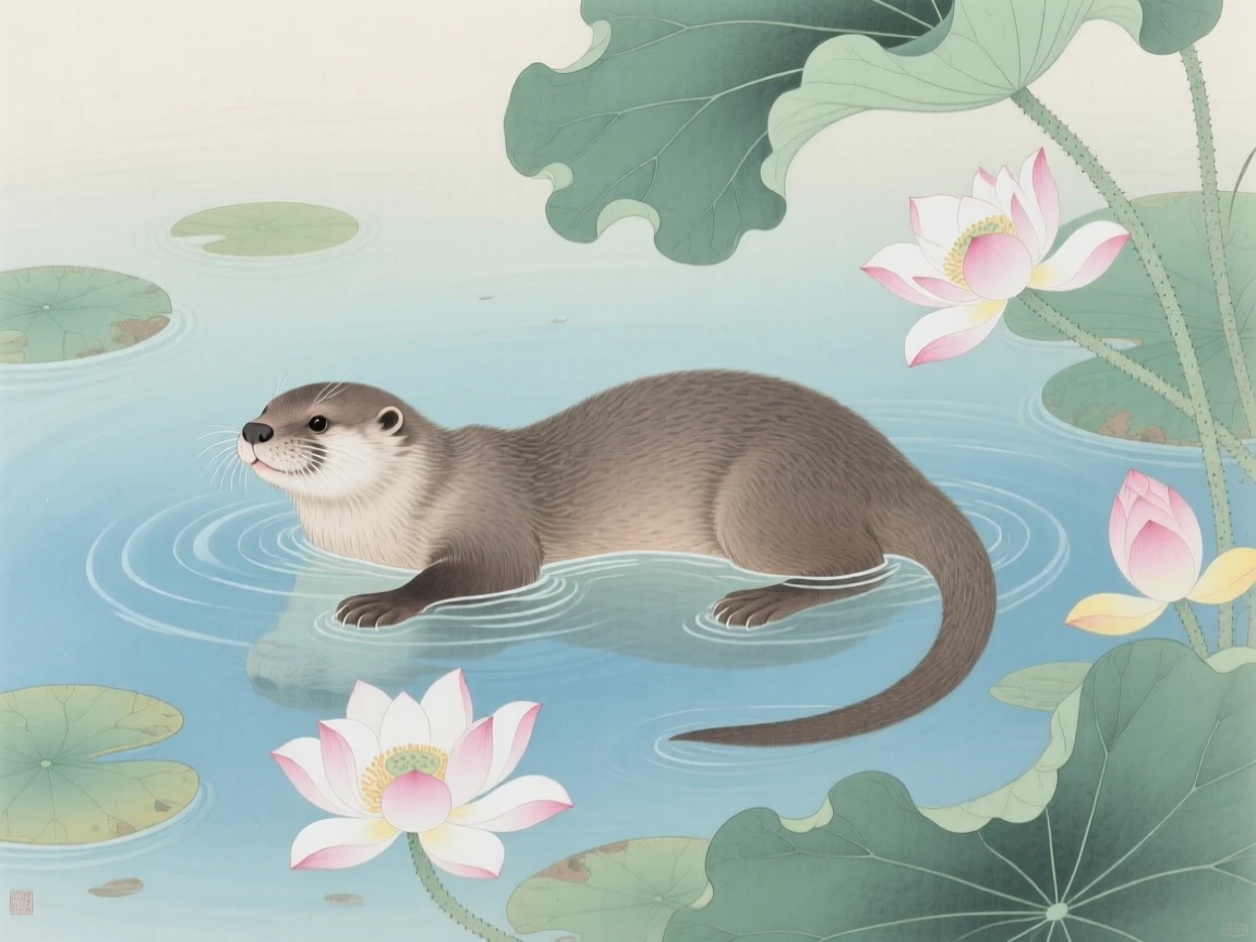 An otter floating on its back in a calm river in a pool bordered by blooming water lilies