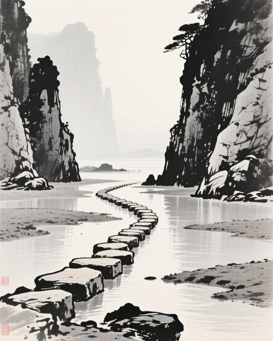 A stone causeway crossing a shallow tidal flat beneath towering rock walls softened by haze, captured from a narrow path winding into the depth of the scene, evoking a deep sense of solitude and quiet grandeur.
