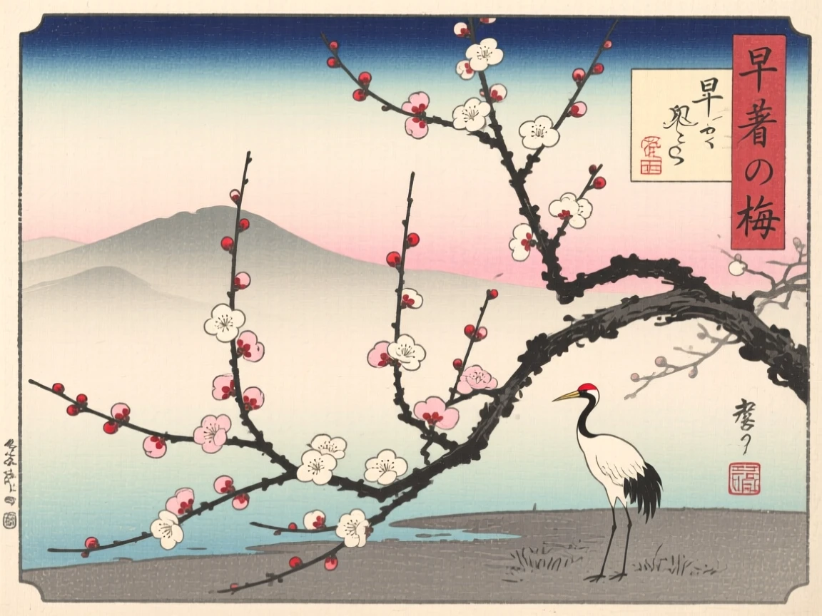 Bare plum branches budding with new blossoms in the stillness of early morning.