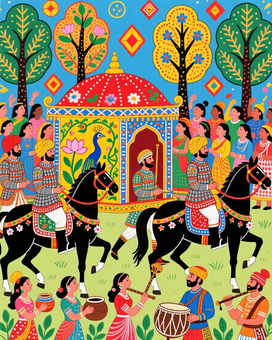 Soldiers on horseback escorting a royal palanquin through a festive crowd.