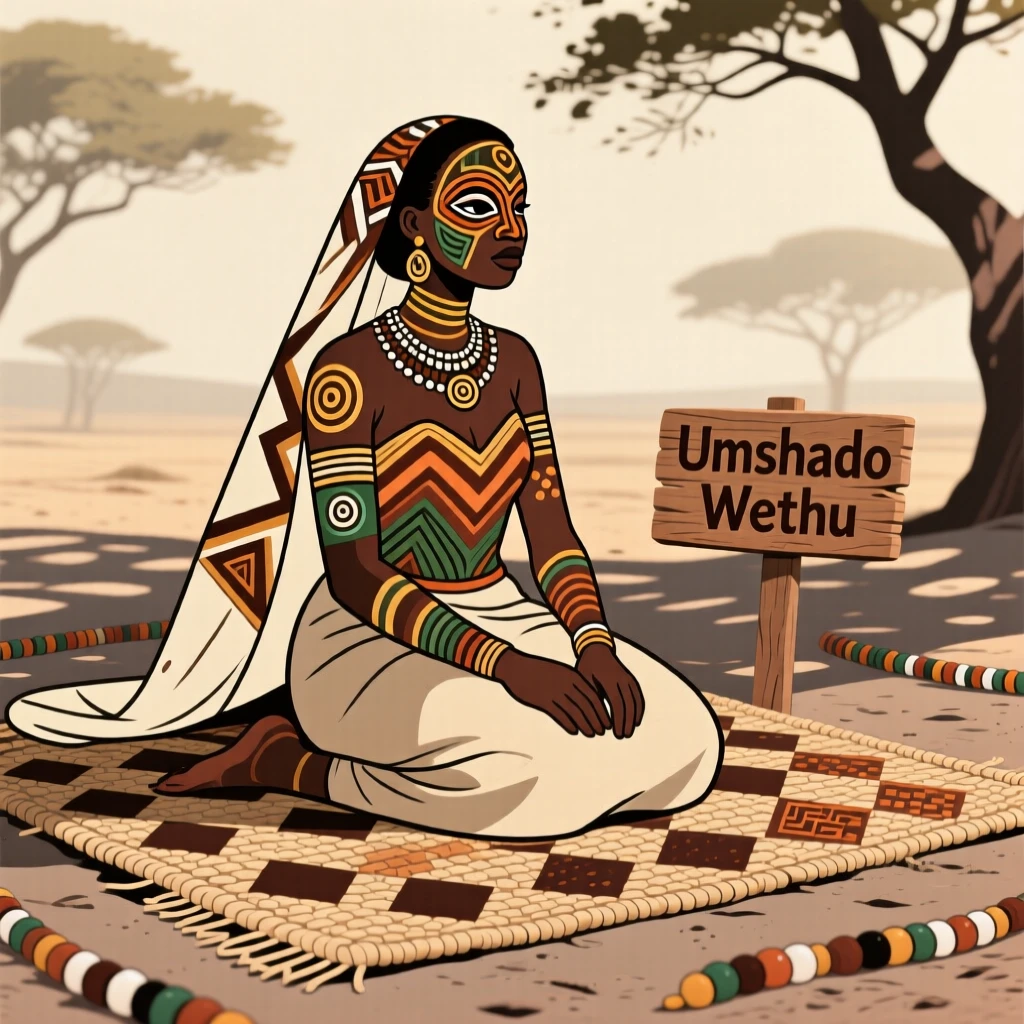 A young bride sitting on a woven mat in the shade.