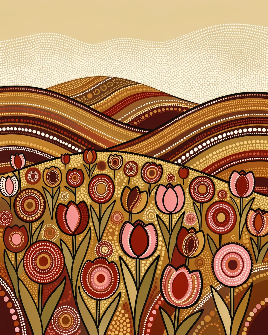 A field of blooming tulips in early spring over rolling hills