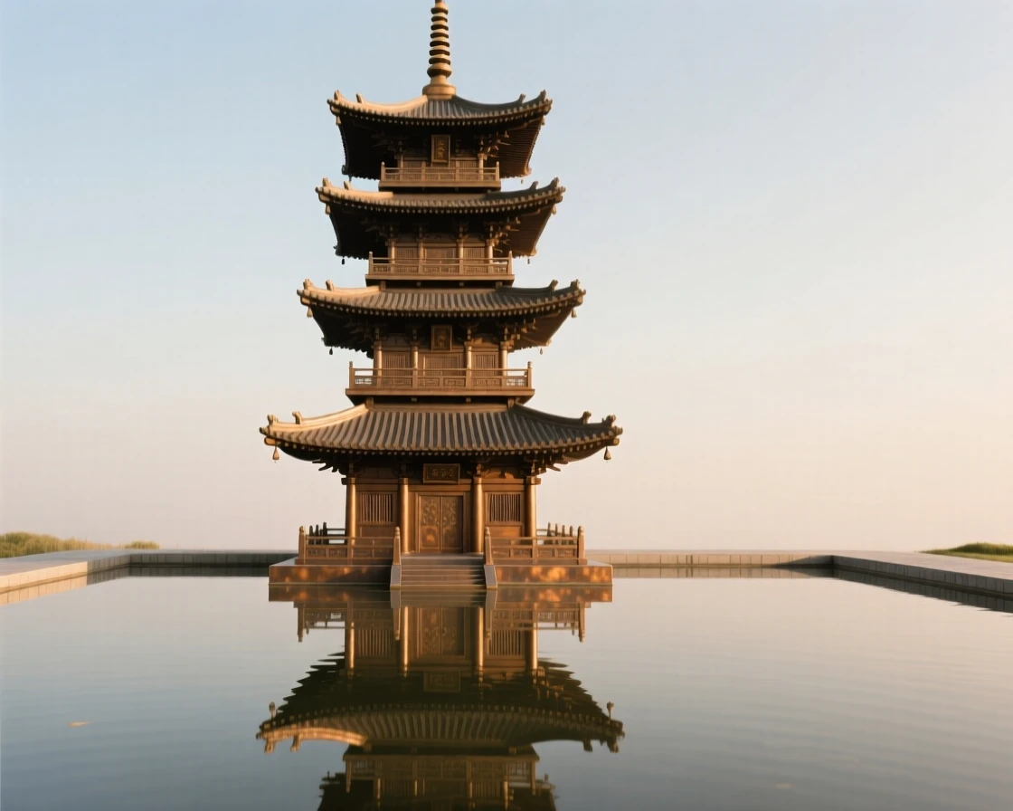 A traditional pagoda reflected in a still pond, rendered with striking symmetry and scale, exuding timeless grandeur