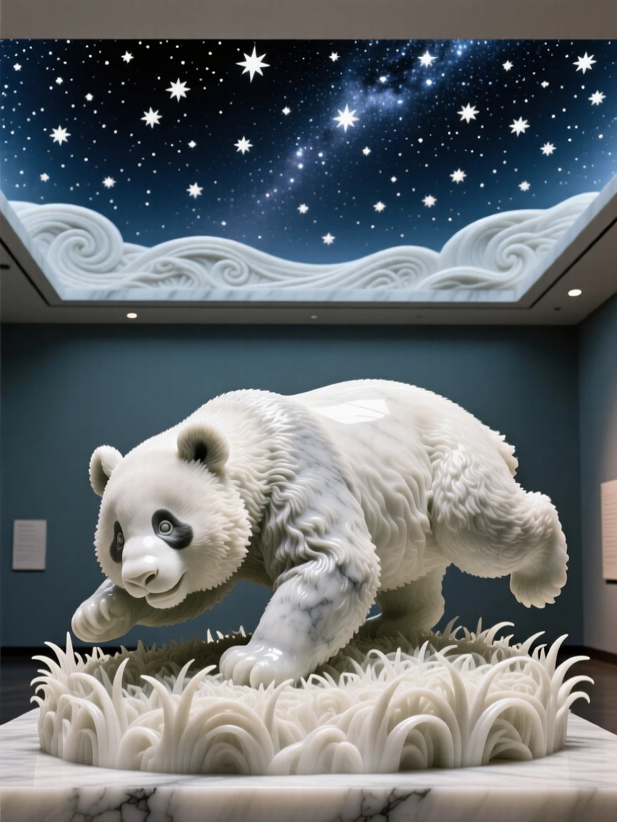 A panda cub tumbling in the grass captured in a powerful, dignified pose beneath a sky full of stars