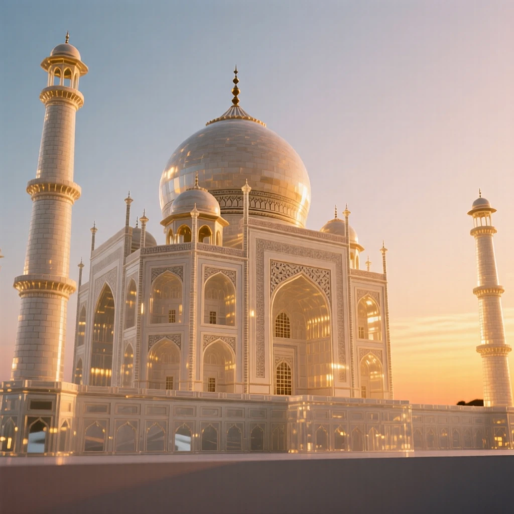 The Taj Mahal, viewed from a dramatic low angle under a vivid sunset sky, warm golden light highlighting every architectural detail, awe-inspiring and grand.