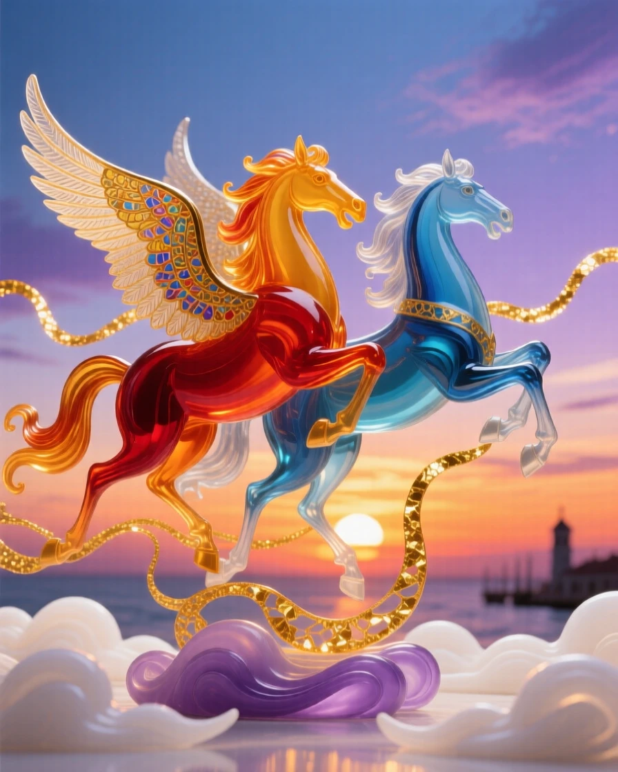 A pair of pegasi racing across a sunset sky trailing golden light, exhilarating and free.