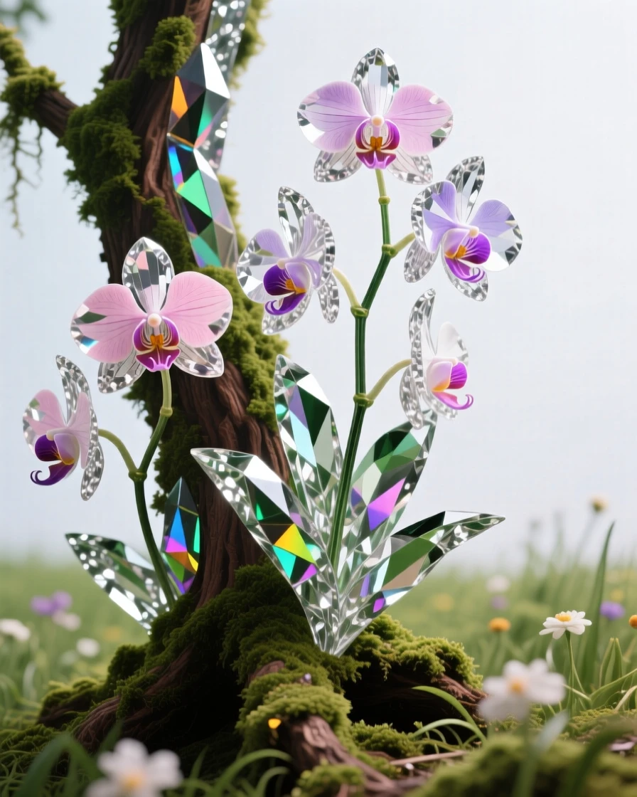 A field of wild orchids growing on a mossy rainforest tree trunk.