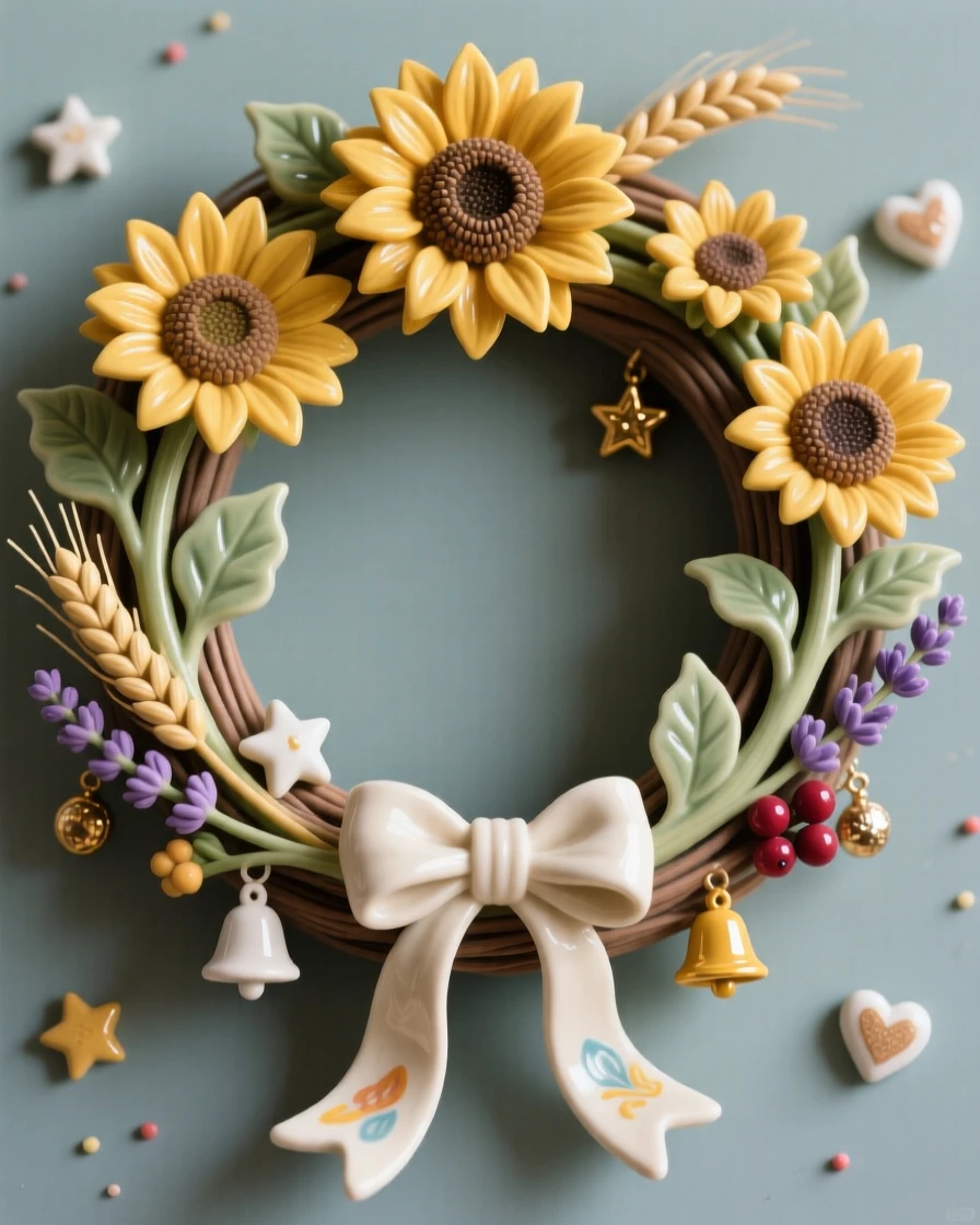 A summer sunflower wreath tied with ribbon arranged among traditional seasonal motifs, decorated with small festive charms, evoking festive joy and warm togetherness.