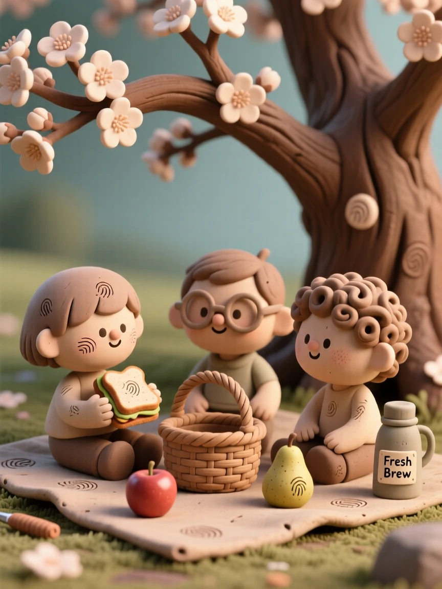 A group of friends sharing a picnic beneath a blossoming tree
