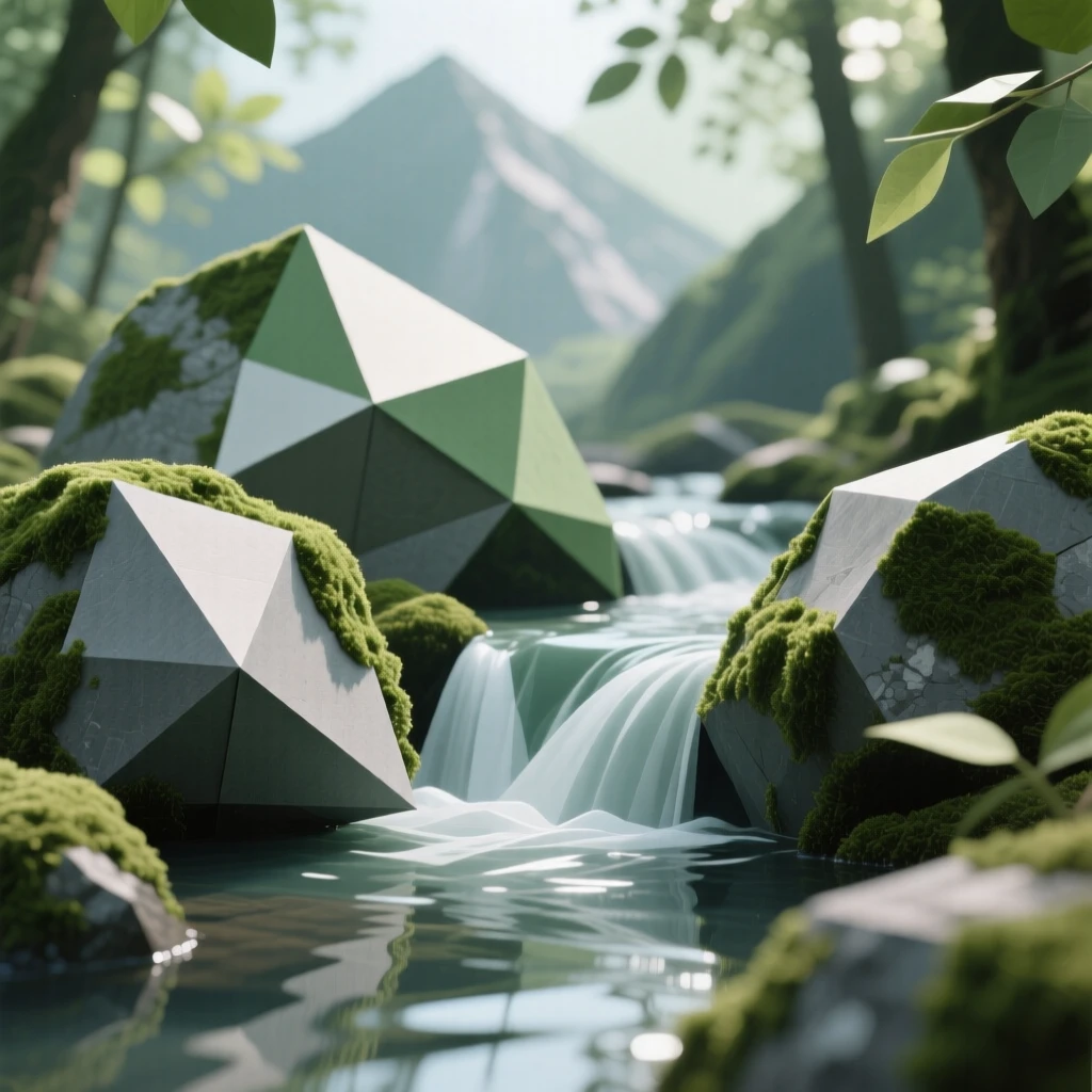 A tranquil mountain stream tumbling over moss-covered boulders in dappled forest light.