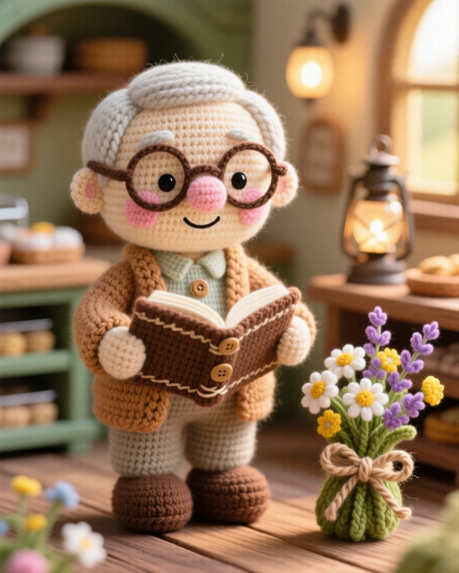 a gentle grandfather figure, with round spectacles and a warm cardigan, reading a storybook aloud by lamplight, in a warm village bakery filled with morning light, with a bundle of fresh flowers tied with twine nearby, conveying comforting familiarity and small-town charm.