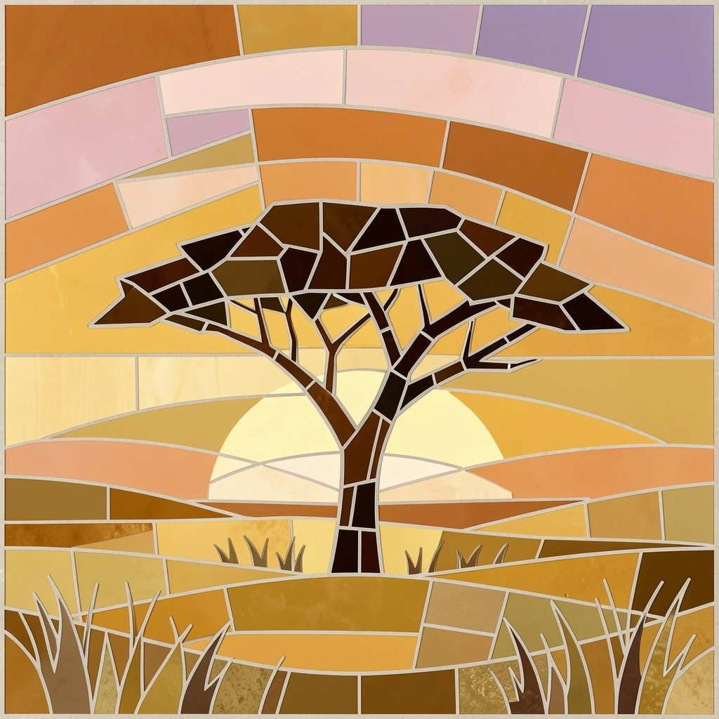 A golden savanna at sunset with a single acacia tree silhouette.