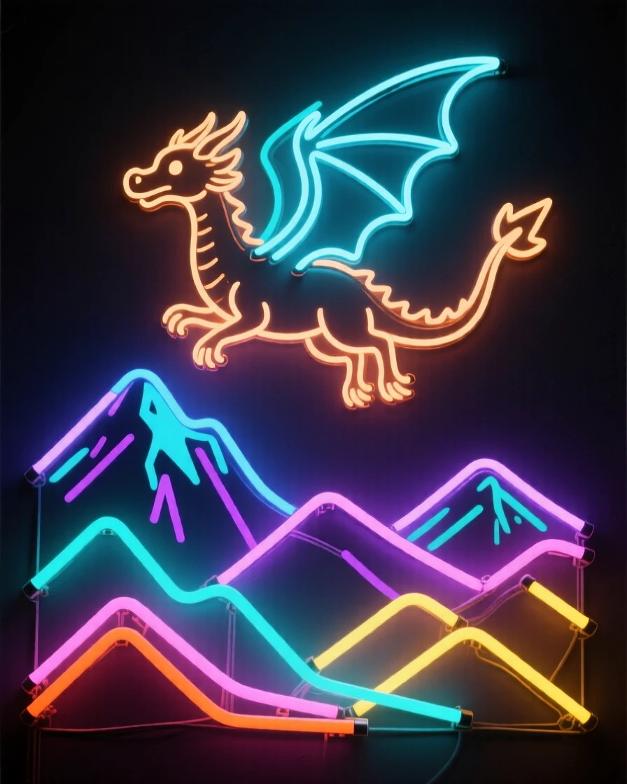 A young dragon learning to fly above a mountain range.
