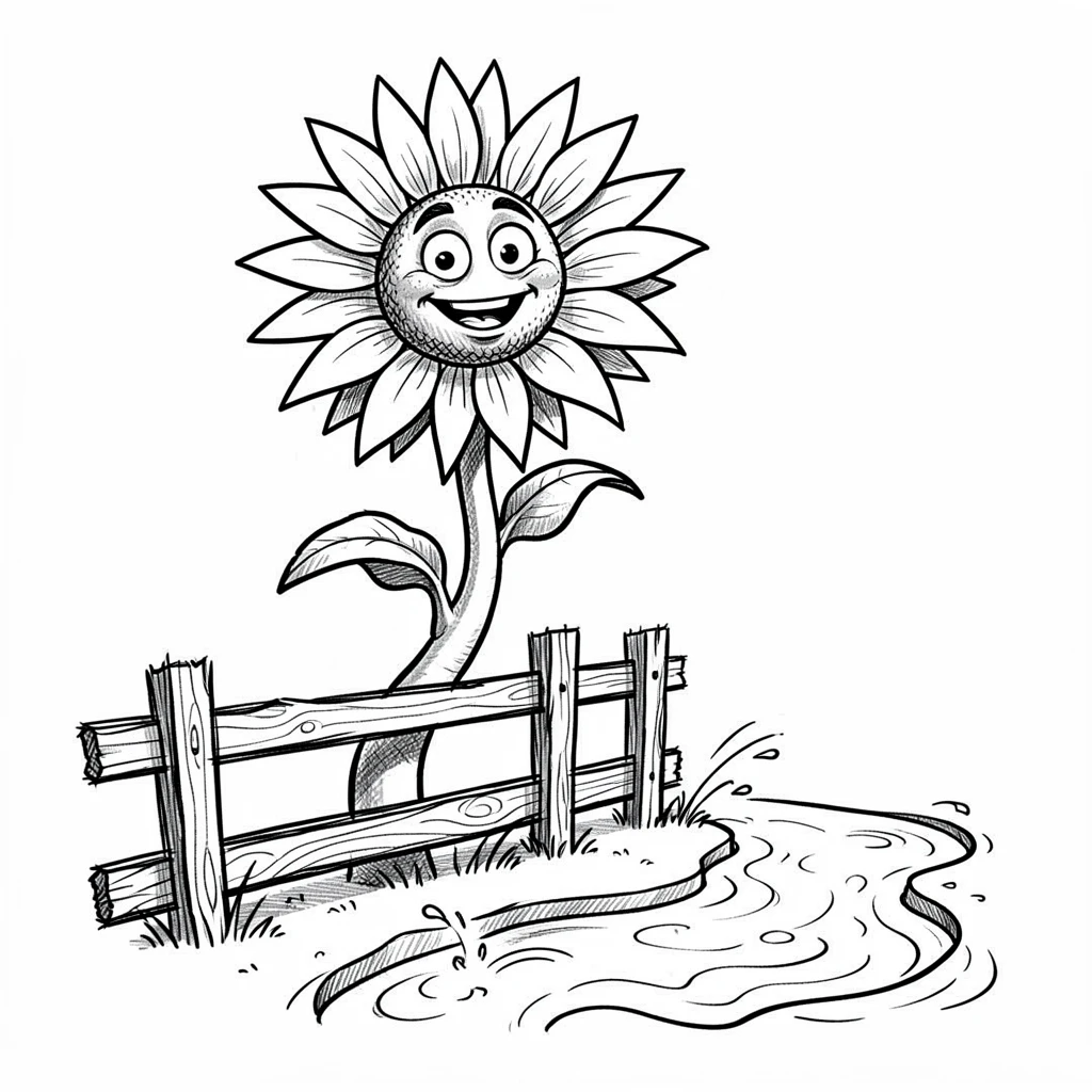 A single sunflower taller than a fence beside a babbling brook.