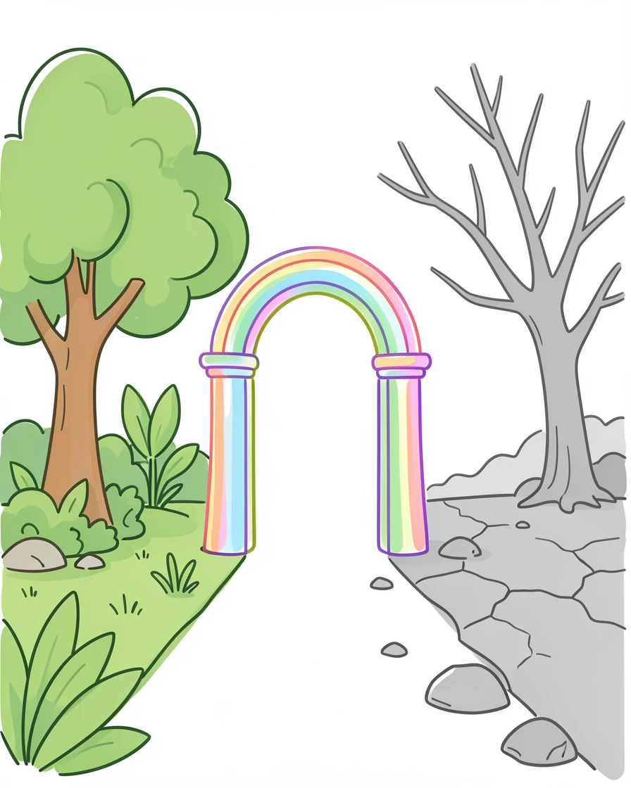 A gateway between two worlds, one lush and green, the other barren and gray.