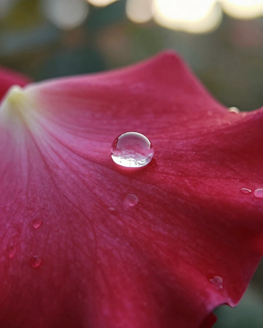 A close-up of a dewdrop resting on a rose petal