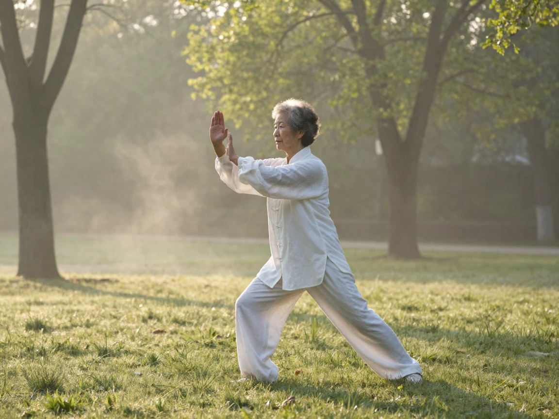 An elderly woman practices tai chi alone in a quiet park at sunrise, mist rising off the grass.