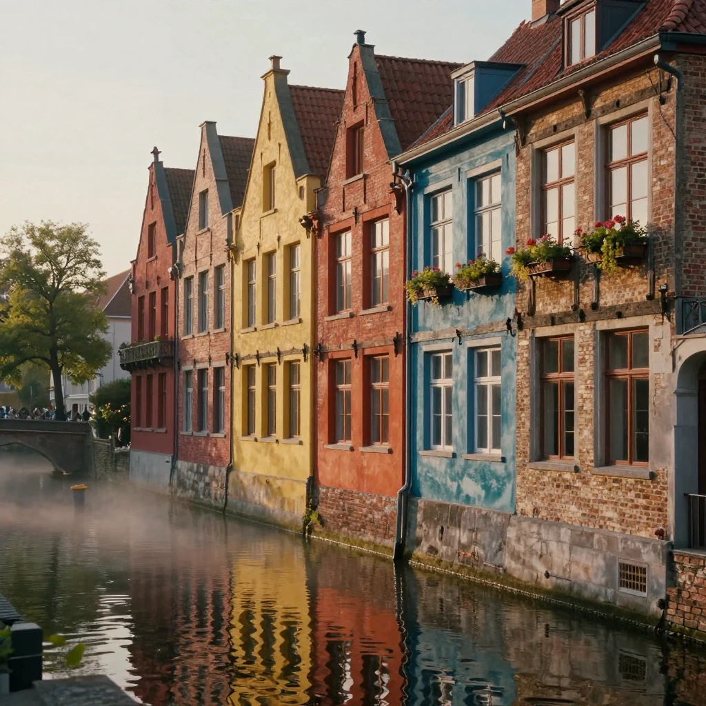 A row of colorful canal houses standing quietly in the heart of an old European city