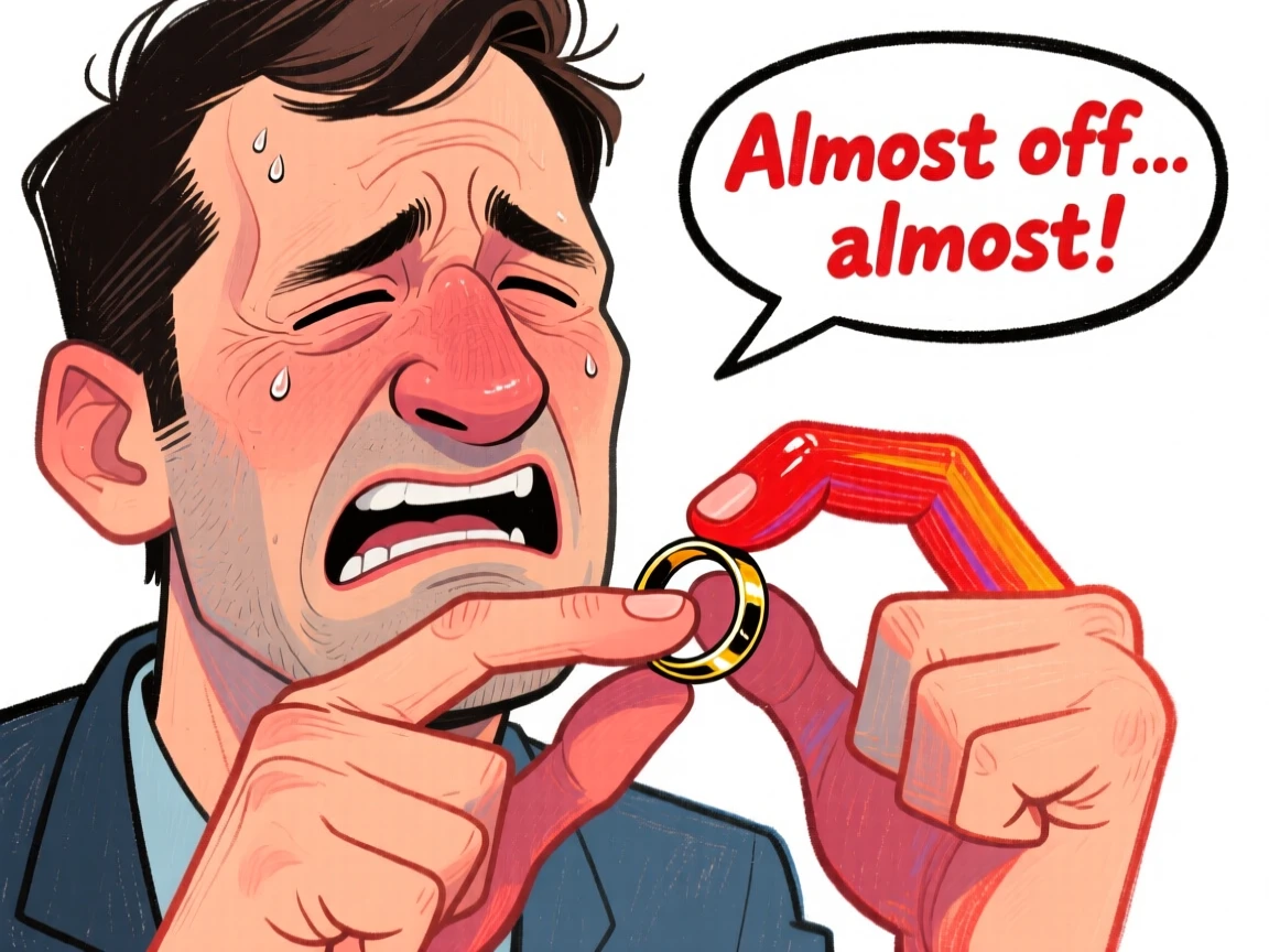 A man wincing while trying to remove a stuck ring from his finger.