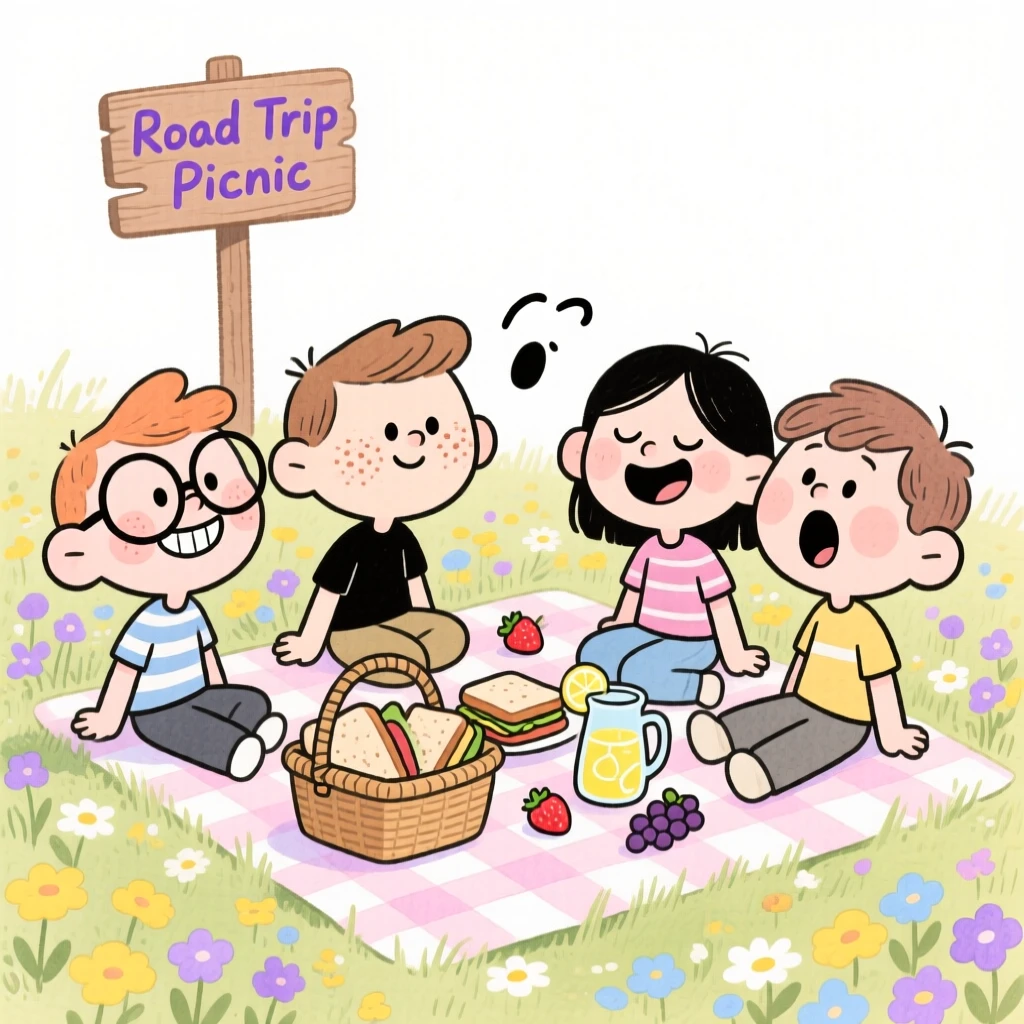 A group of friends on a road trip sharing a picnic in a flower-filled meadow