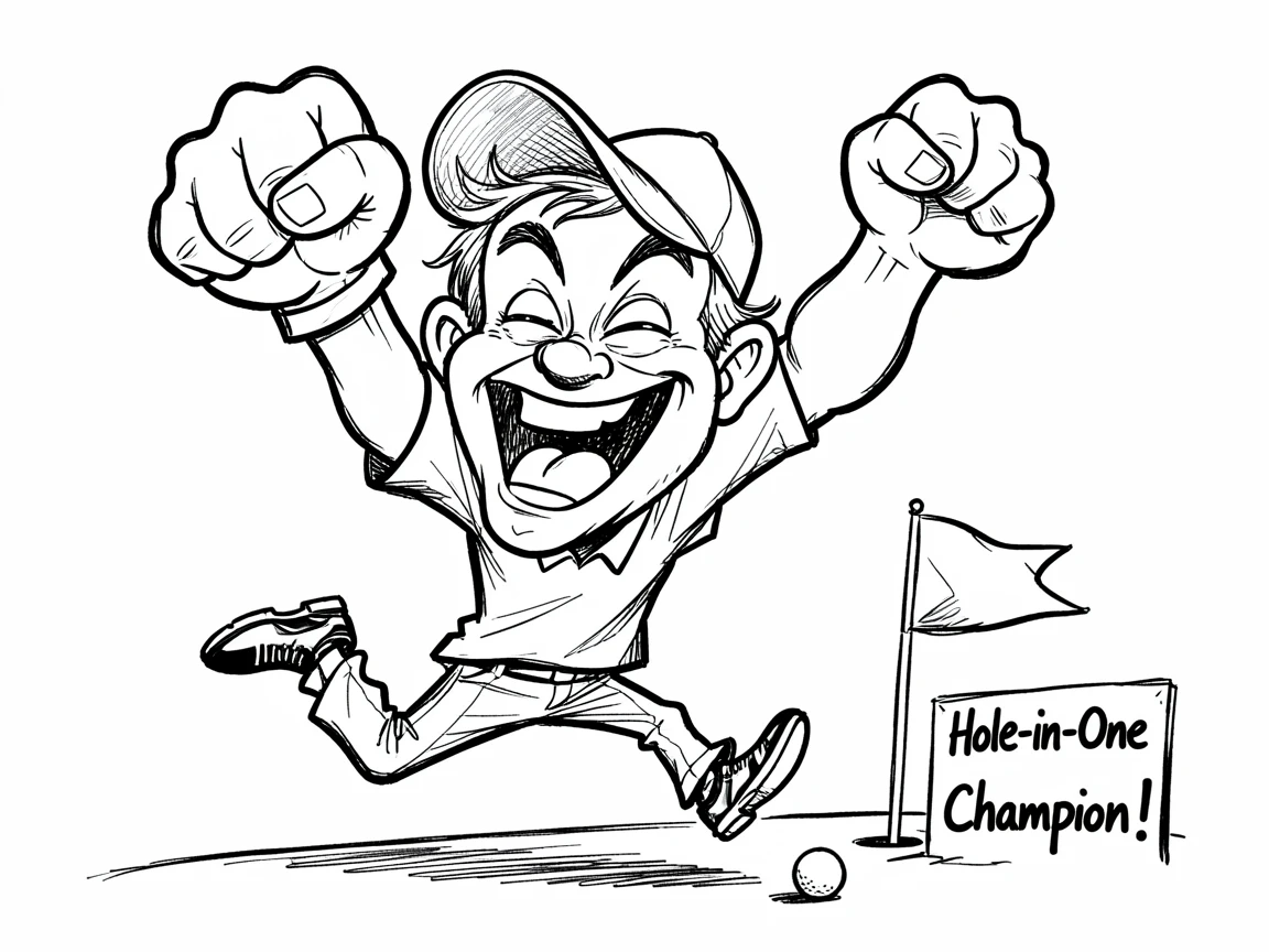 [Funny & Exaggerated Situations] Comical scene of a golfer celebrating a hole-in-one with an over-the-top fist pump, exaggerated for maximum laughs