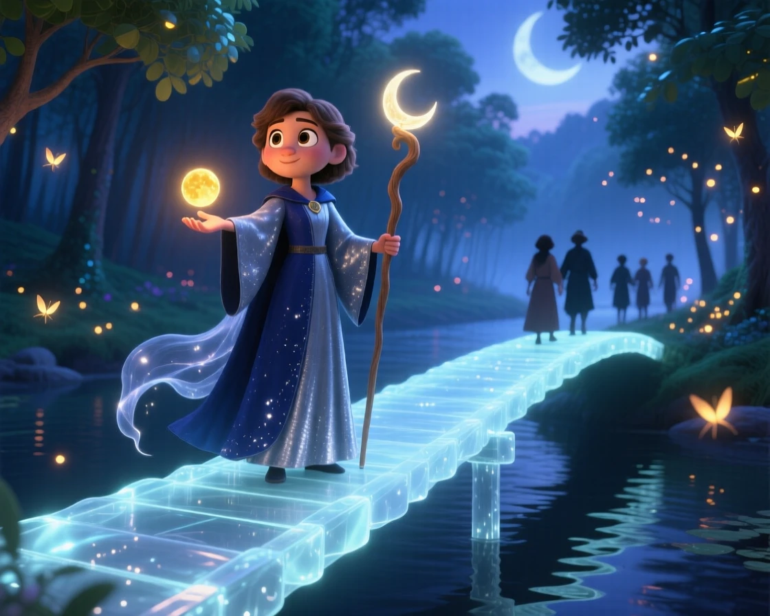 A young sorceress stands on a bridge made of glowing moonlight, guiding lost travelers with a soft glow. The mood is enchanting, hopeful, and dreamlike, with soft glowing light illuminating every surface.