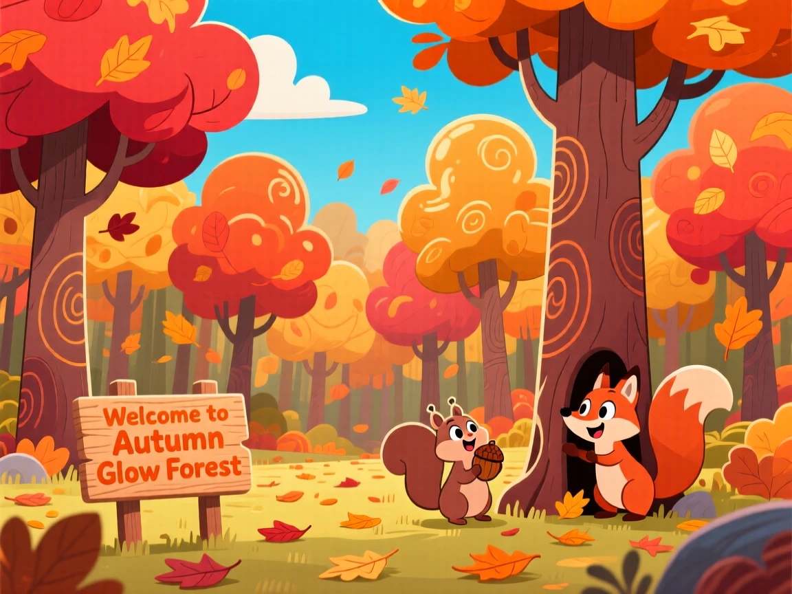 An autumn forest ablaze with red, orange, and gold leaves.