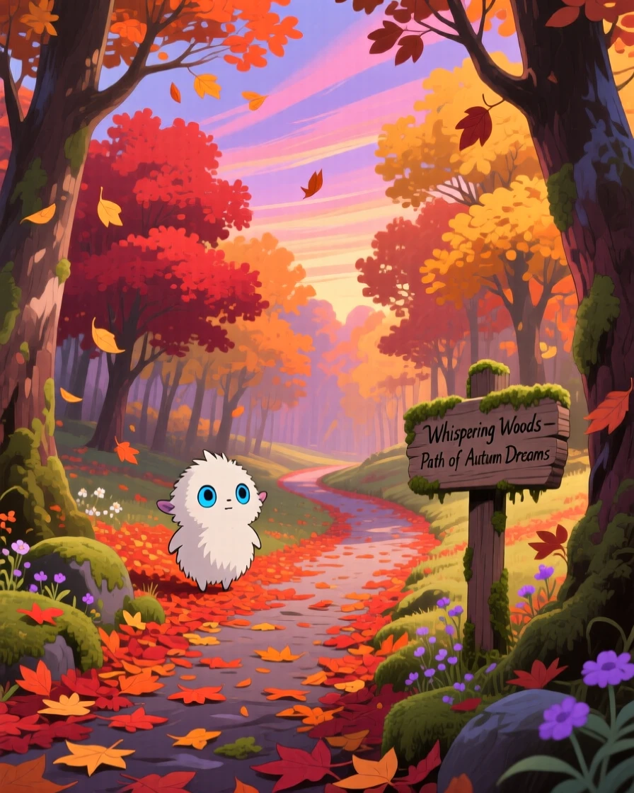 A autumn scene of a forest path blanketed in fiery red and orange leaves, under a sky streaked with color.
