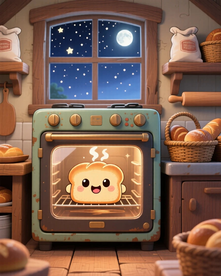 In a rustic bakery kitchen, a smiling loaf of bread is rising happily inside a warm oven under a starry midsummer night sky, bathed in diffused overcast light, expression full of bubbly enthusiasm. Shot as a symmetrical front-on view.