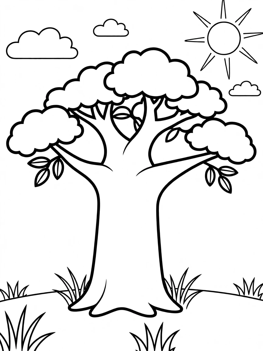 A giant baobab tree standing alone on the African savanna