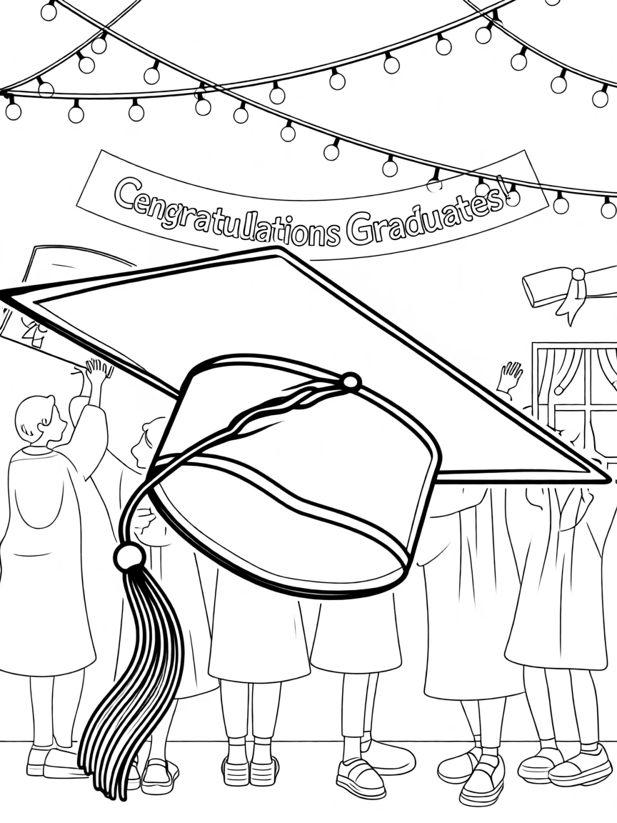 A graduation cap being tossed into the air, with string lights strung across the ceiling.