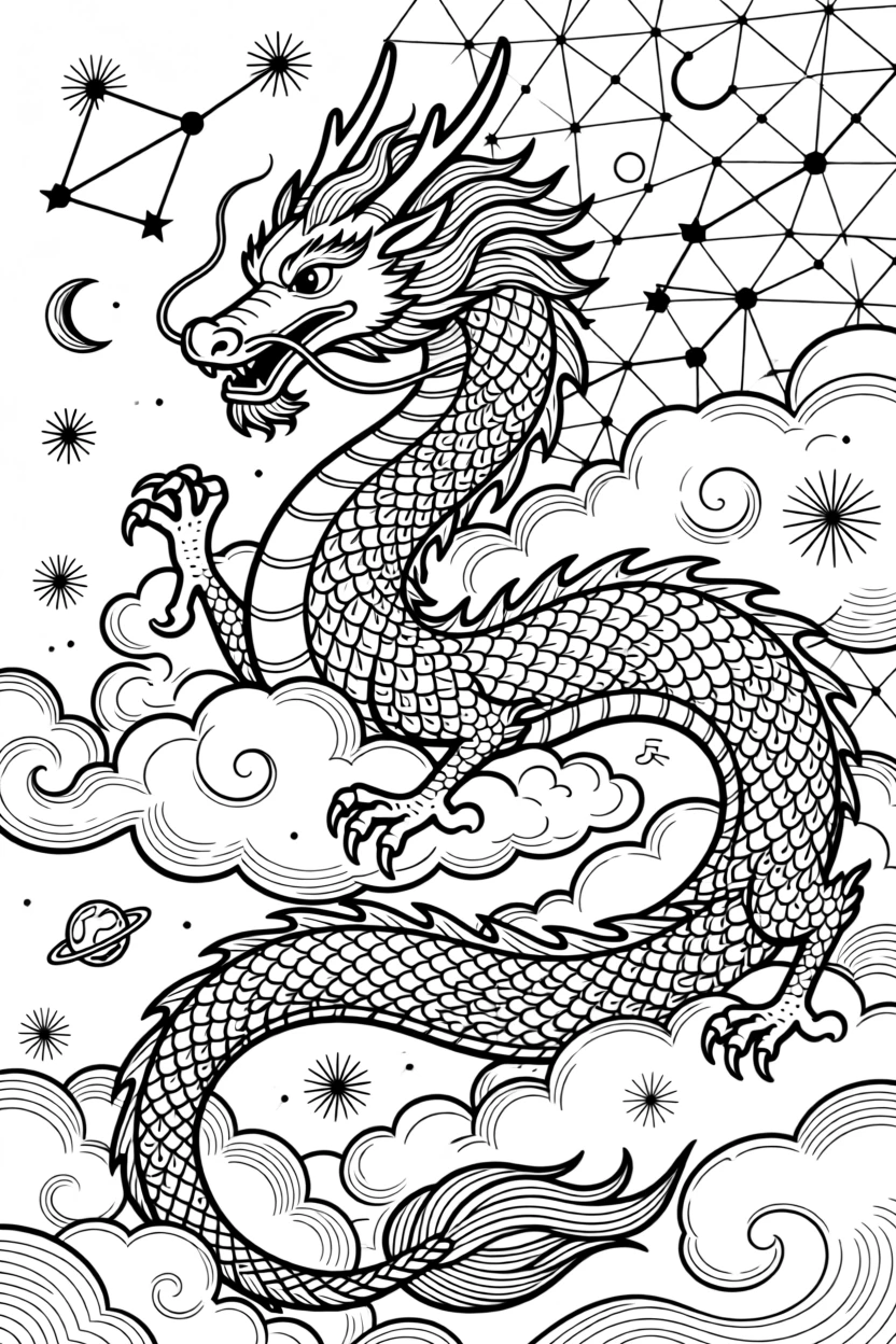 A celestial dragon weaving through clouds and constellations.
