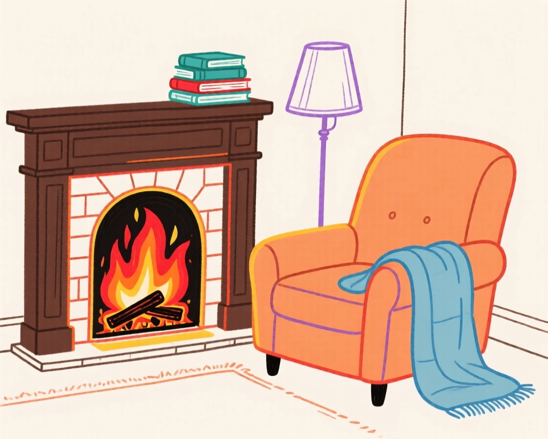 A cozy reading chair beside a crackling fireplace.