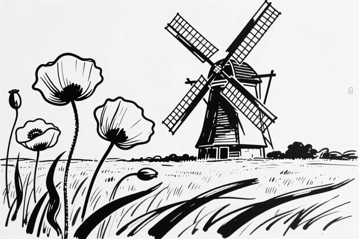 A field of poppies swaying gently beneath a windmill.