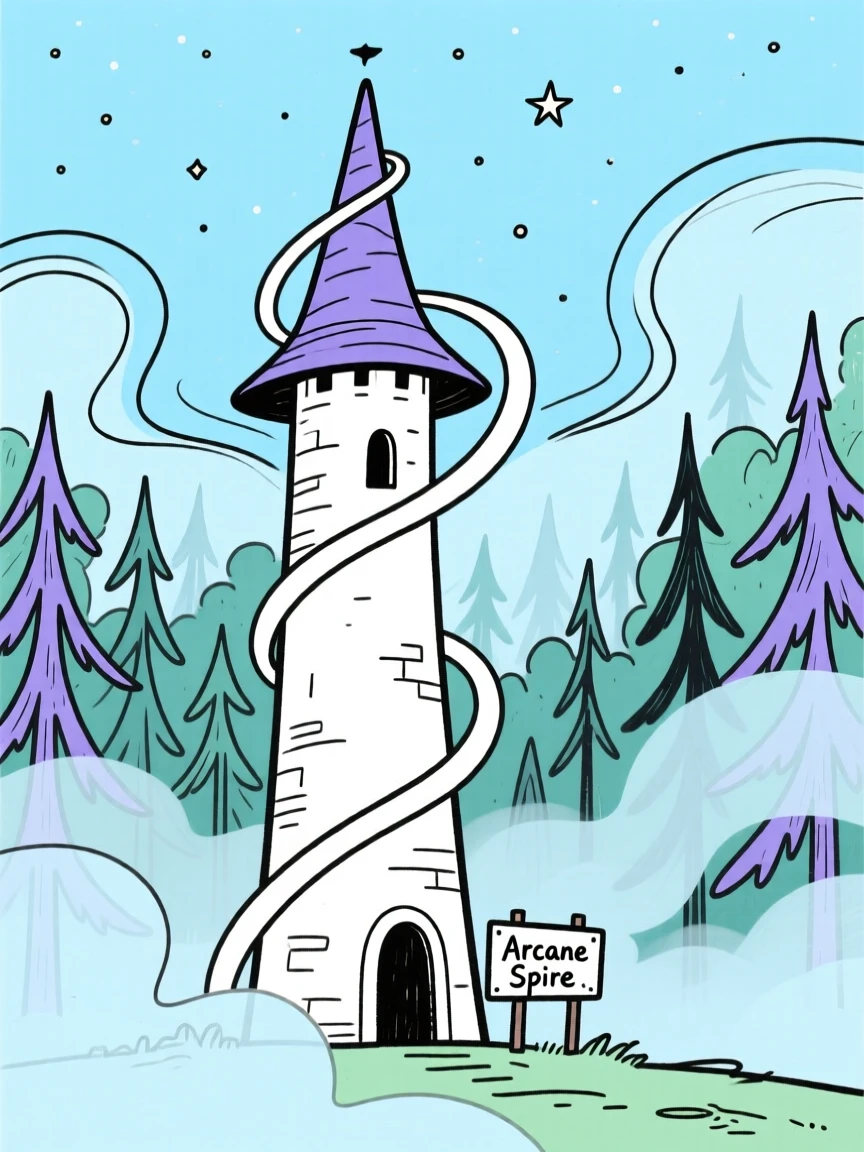 A wizard's tower rising from a misty forest under a starry sky.