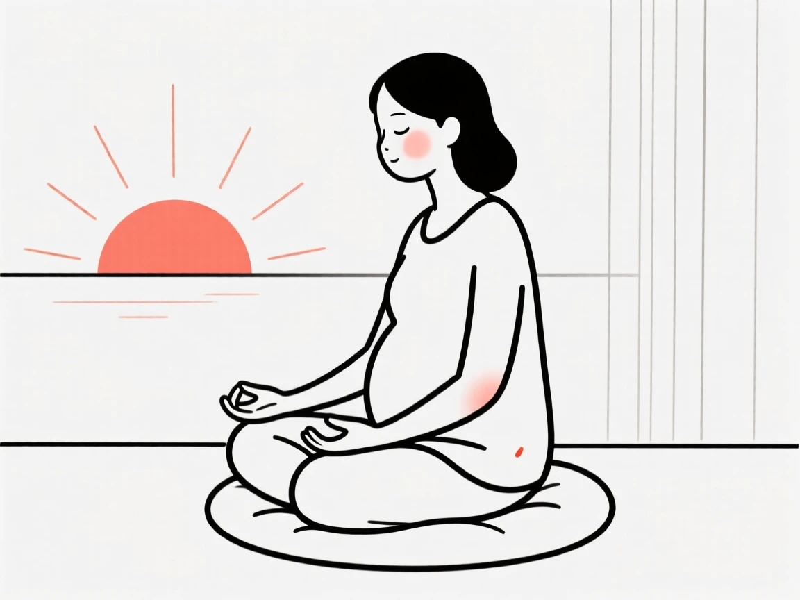 A new mother practicing mindful breathing at sunrise.