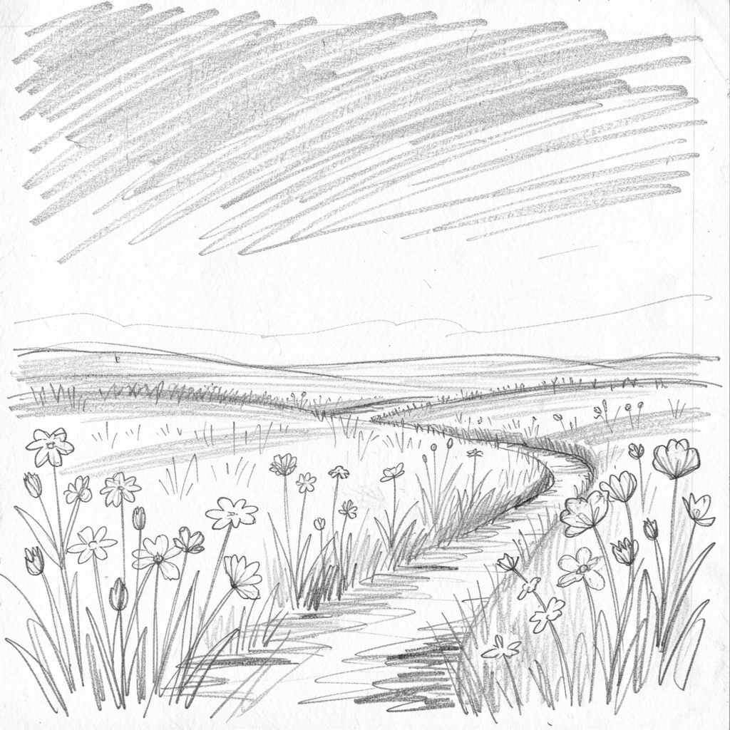 Sweeping landscape of a wildflower prairie under a wide sky sparkling under crisp winter sunlight, with a narrow path leading into the distance.