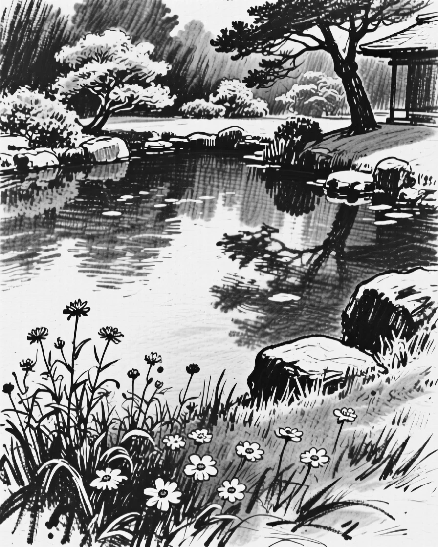 A tranquil Japanese garden pond with wildflowers scattered across the foreground.