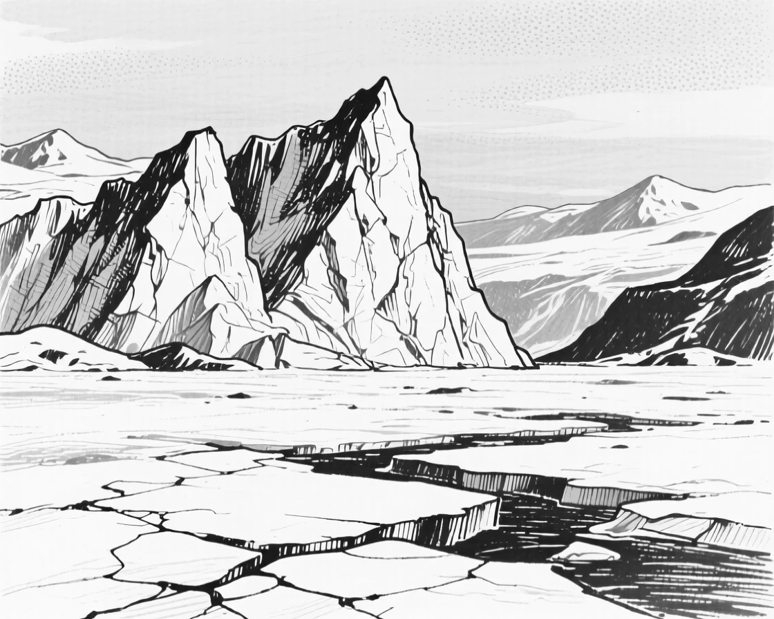 A vast icy landscape with towering glaciers under a soft pink sky.