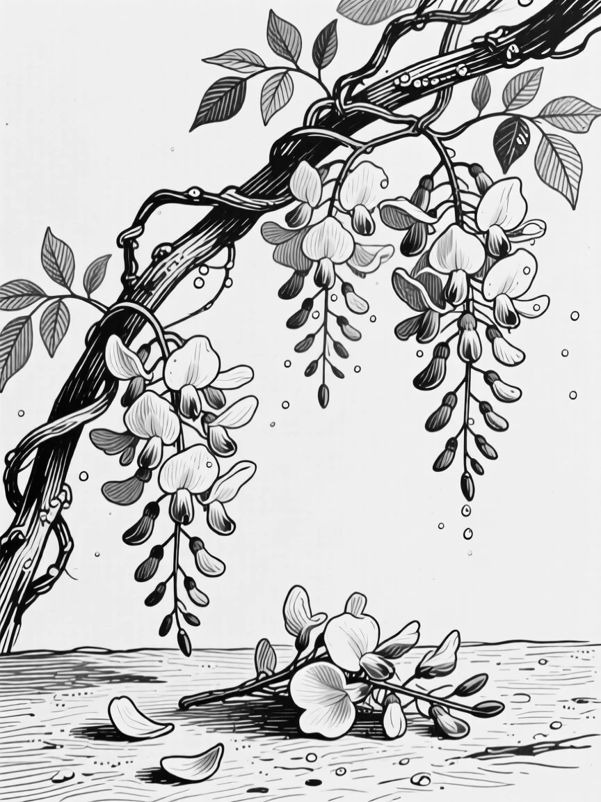 A climbing wisteria vine framed by soft morning dew, with a few loose petals scattered below, composed in a warmly inviting still-life arrangement.