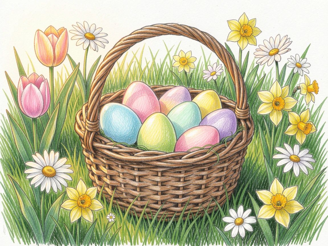 An Easter basket filled with pastel eggs sitting in a spring garden, captured in the soft light of early evening, radiating nostalgia, warmth, and holiday joy.
