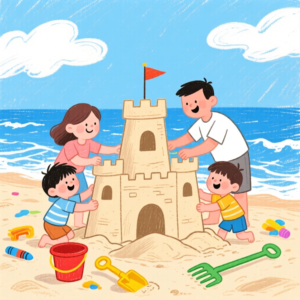 A family of four building a sandcastle at the edge of the tide.