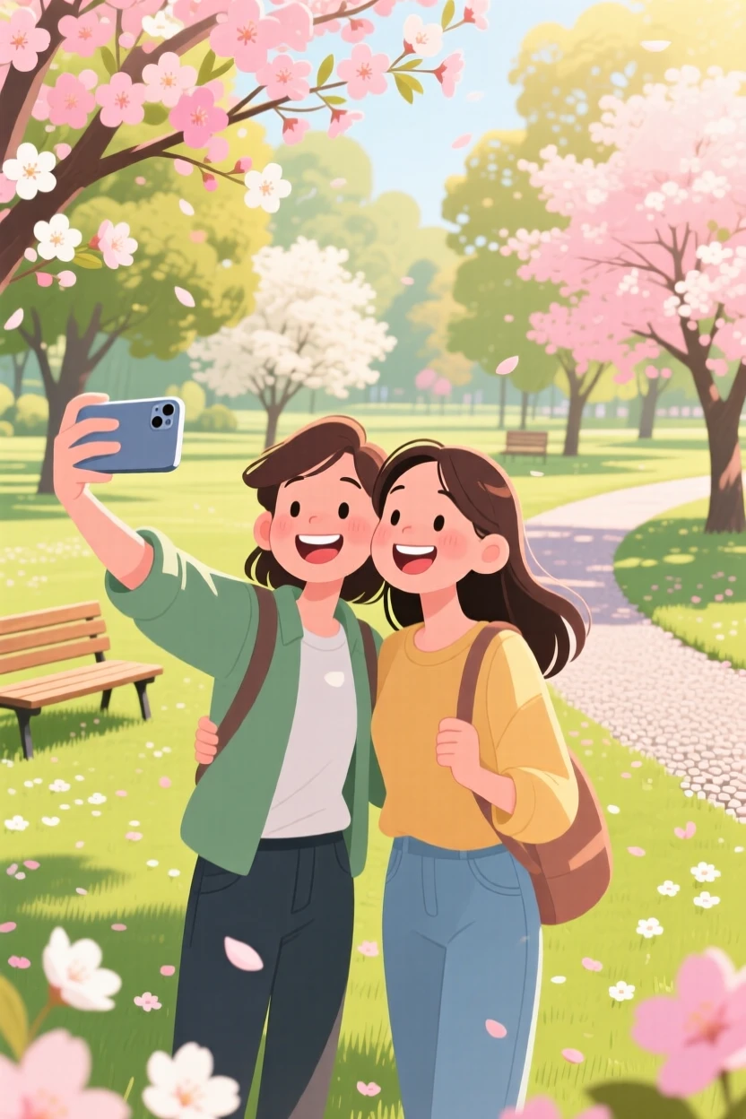 A pair of best friends taking a playful selfie together, in a sunlit park filled with blooming trees, arranged with balanced framing that feels warm and inviting, with a sense of warmth and togetherness in every detail.