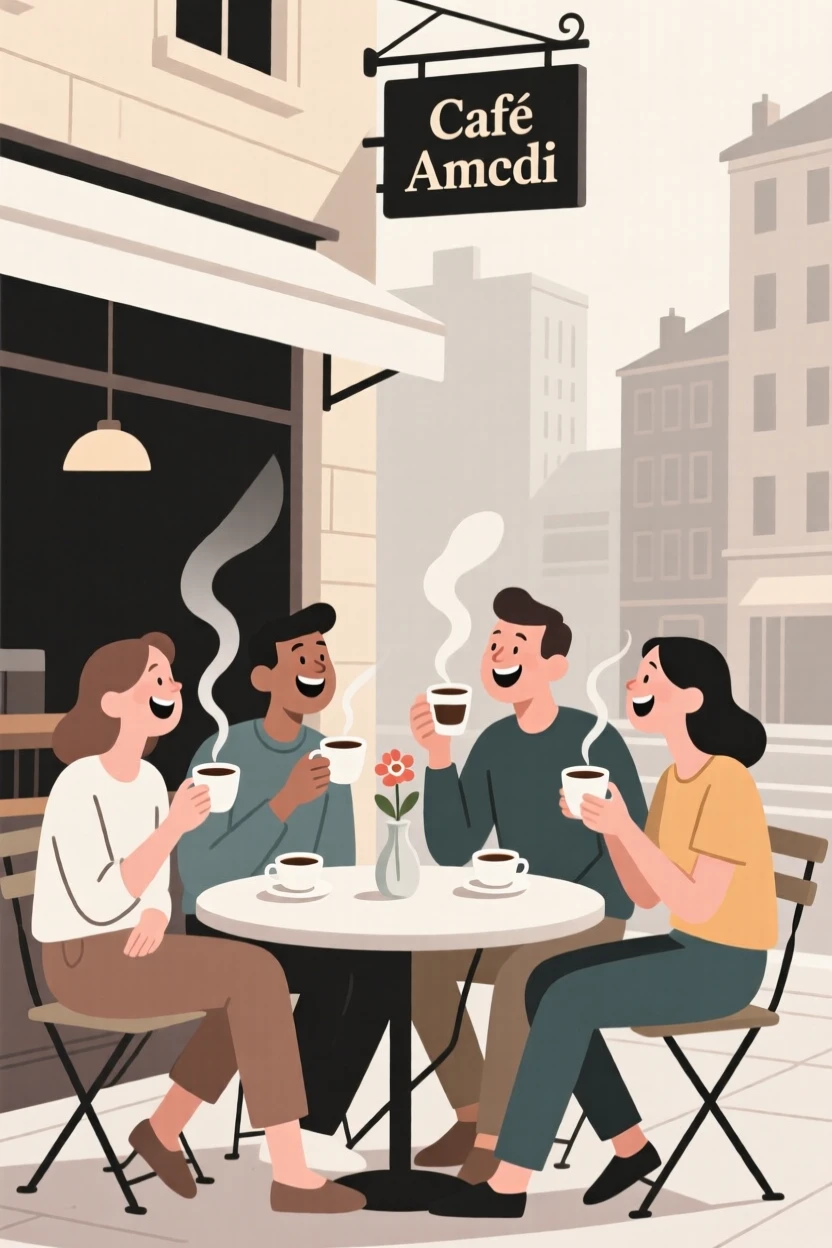 A group of friends laughing over coffee together at an outdoor cafe in the city.