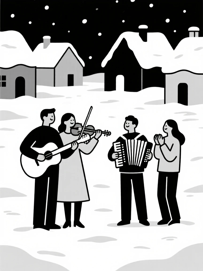 Two couple playing an instrument together in a snowy village square, sharing a moment of gentle happiness.