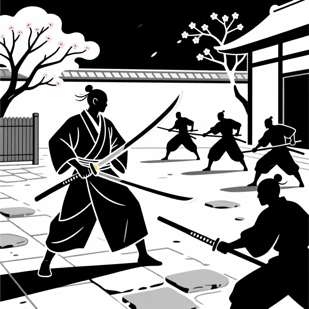 A lone samurai facing multiple opponents in a courtyard duel.