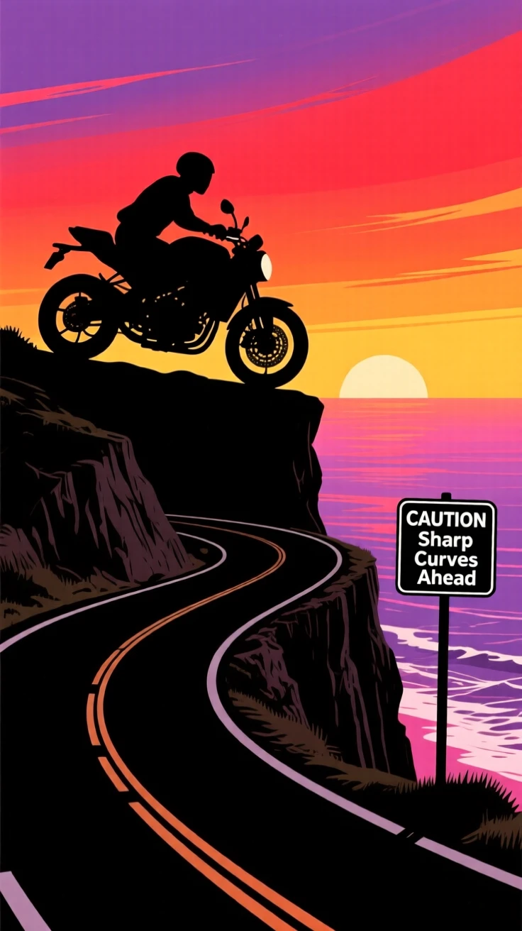 A motorcyclist riding along a winding coastal cliff road.