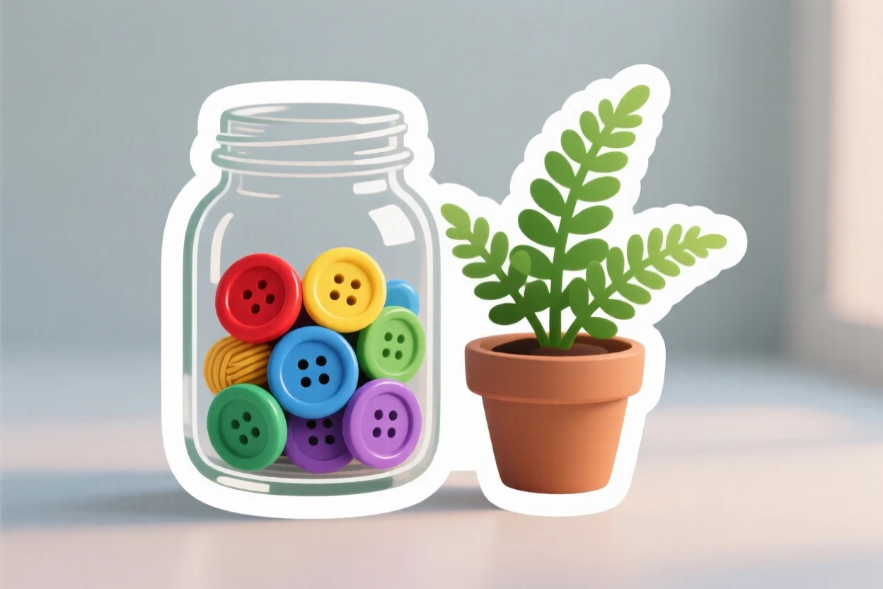 A softly lit jar of colorful buttons, displayed next to a small potted fern, in a small apartment filled with plants.